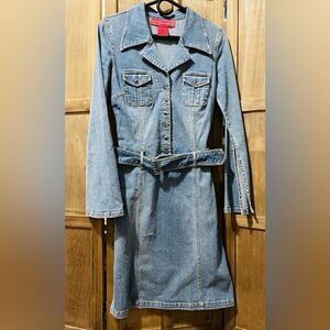 EUC HOTKISS belted long slit sleeve belted denim dress.